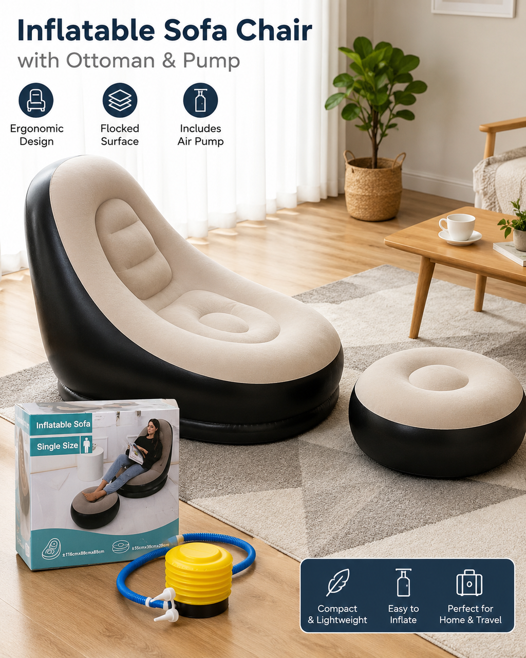 Luxury Inflatable Lounge Chair with Ottoman Modern Air Sofa Set for Living Room & Bedroom - With Air Compressor