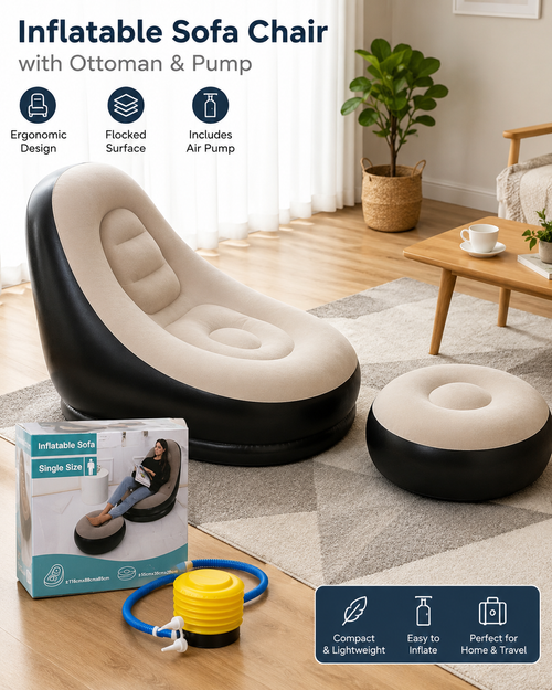 Luxury Inflatable Lounge Chair with Ottoman Modern Air Sofa Set for Living Room & Bedroom - With Air Compressor