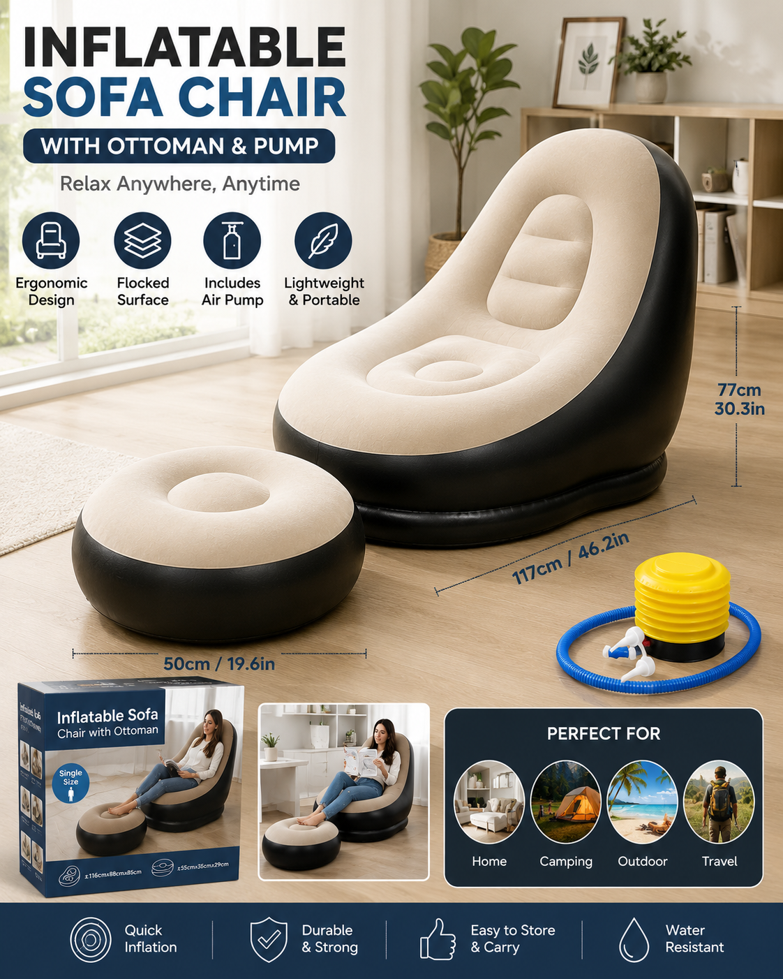 Luxury Inflatable Lounge Chair with Ottoman Modern Air Sofa Set for Living Room & Bedroom - With Air Compressor