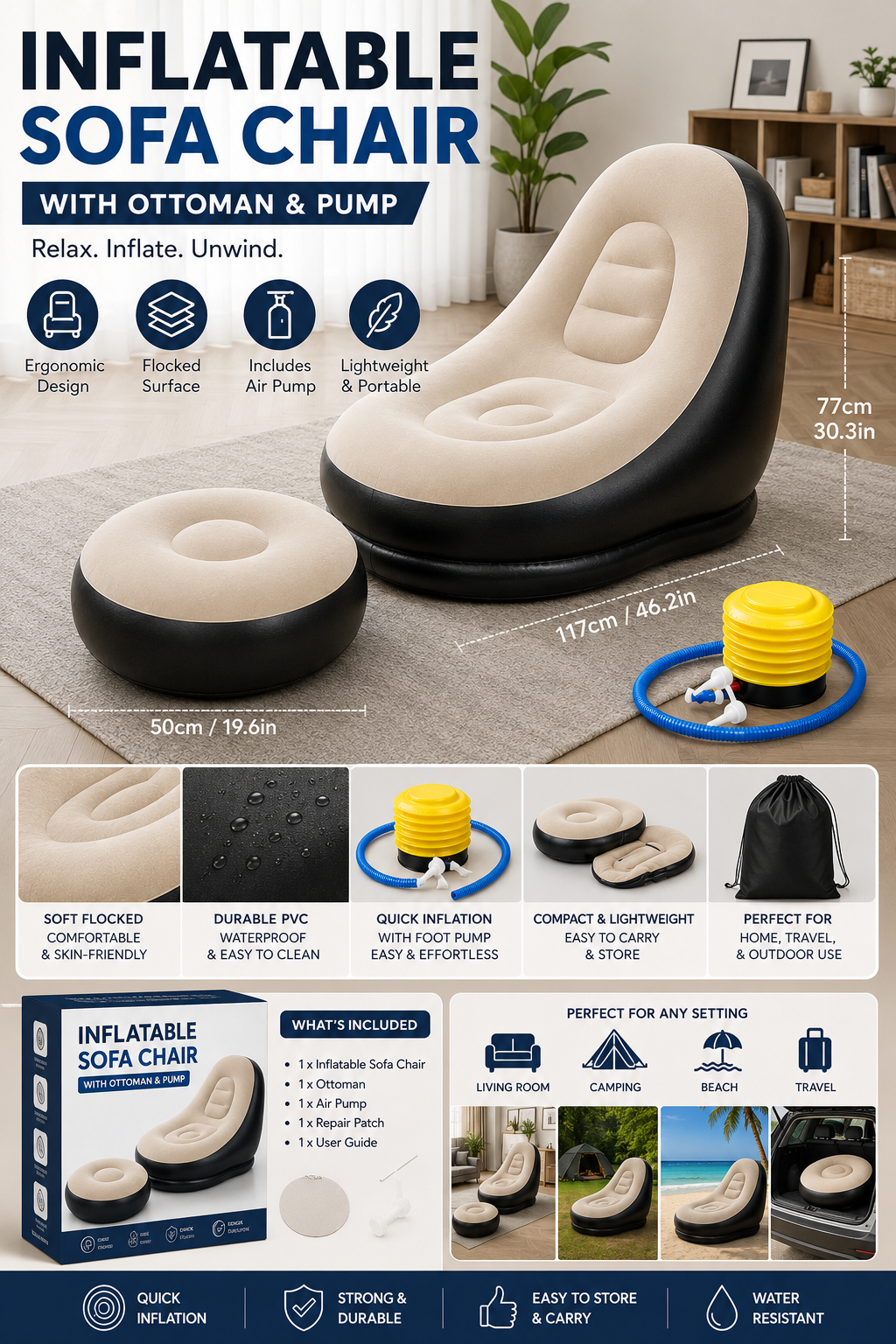 Luxury Inflatable Lounge Chair with Ottoman Modern Air Sofa Set for Living Room & Bedroom - With Air Compressor